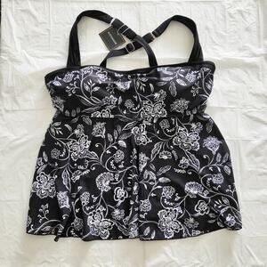 NWT Aidonger Black White Floral Print Tankini Swim Top Women's Size XL Beach